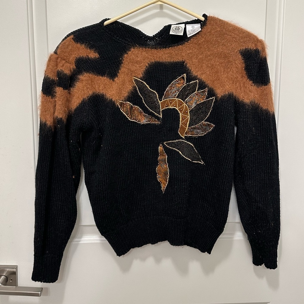 Vintage black and brown chunky boat neck sweater with shoulder pads